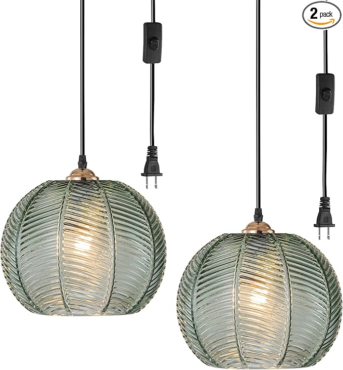 Plug in Pendant Light Set of 2, 8.6" Hand Blown Ribbed Glass Hanging Lamp, Mid Century Modern Ceiling Hanging Lights with Cord for Bedroom, Dining Room, Kitchen