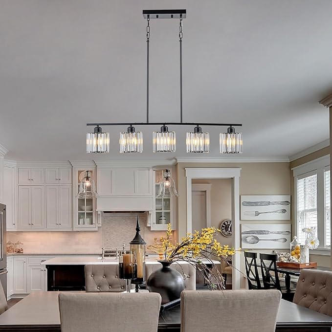 Luxury Crystal Island Lights 5-Light Linear Pendant Kitchen Island Chandelier Lighting for Dining Room Light Fixture Matte Black Finish with Glass Shade 36" L