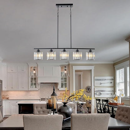 Luxury Crystal Island Lights 5-Light Linear Pendant Kitchen Island Chandelier Lighting for Dining Room Light Fixture Matte Black Finish with Glass Shade 36" L