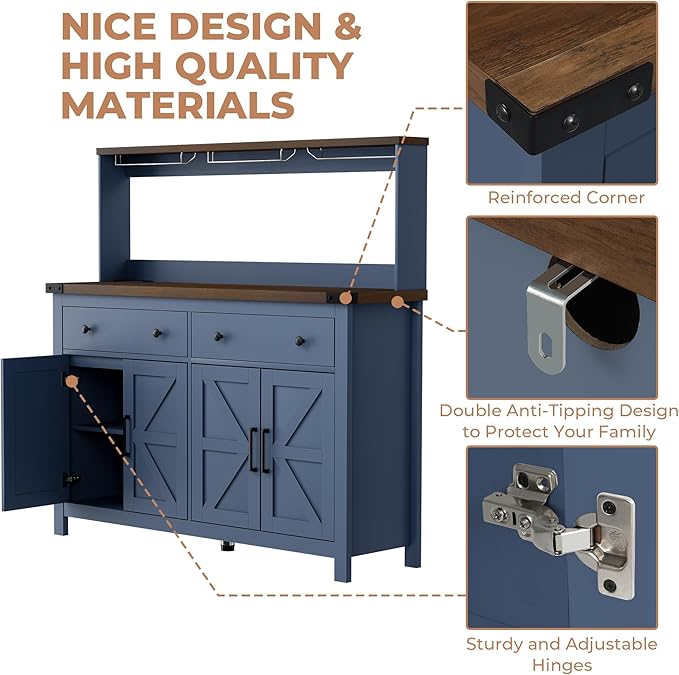 VVFLU Hutch Storage Buffet Cabinet with Drawers, and Charging Station, Coffee Bar Cabinet with Barn Doors, Wine Rack and Hooks, Blue Wood Sideboard Buffet for Kitchen, Dining Room, 54.1" High