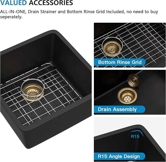 17"x17" Undermount Bar Prep Sink – Matte Black Granite Composite Quartz Classic Under Counter Single Bowl Sink Basin for Wet Bar, RV, Small Kitchen