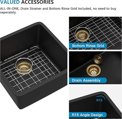 17"x17" Undermount Bar Prep Sink – Matte Black Granite Composite Quartz Classic Under Counter Single Bowl Sink Basin for Wet Bar, RV, Small Kitchen