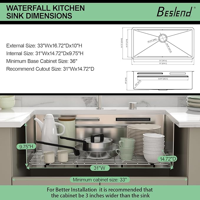 33 inch Undermount Kitchen Sink - Beslend 33x17x10 Waterfall Sink with Pull-Down Faucet 16 Gauge Stainless Steel, Double Track Workstation Kitchen Sinks with Faucet Combo, Handmade Dish Basin