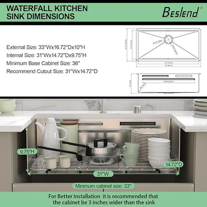 33 inch Undermount Kitchen Sink - Beslend 33x17x10 Waterfall Sink with Pull-Down Faucet 16 Gauge Stainless Steel, Double Track Workstation Kitchen Sinks with Faucet Combo, Handmade Dish Basin