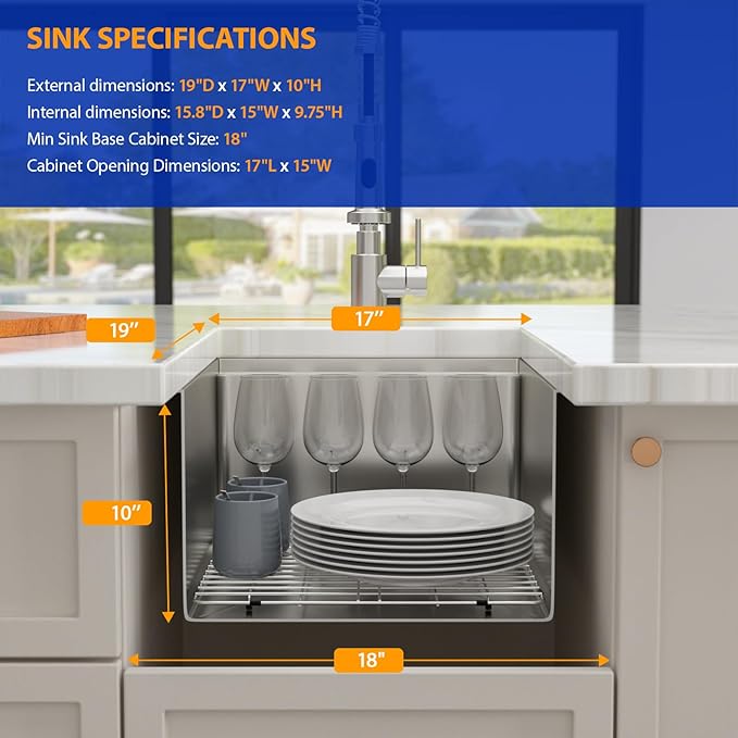 Dcolora 17 In. Undermount Bar Sink Single Bowl Workstation, Round Corner Stainless Steel Prep Sink for RV Camper, 16 Gauge, 17"x19"x10" #DC-U7735