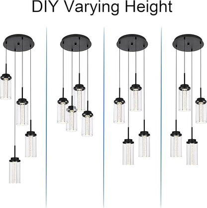 MELUCEE 4-Light Dimmable LED Pendant Light Dining Room Light Fixture Over Table Black Chandelier, 3000K-6000K Adjustable Color Temperature Island Lights with Clear Glass Shade