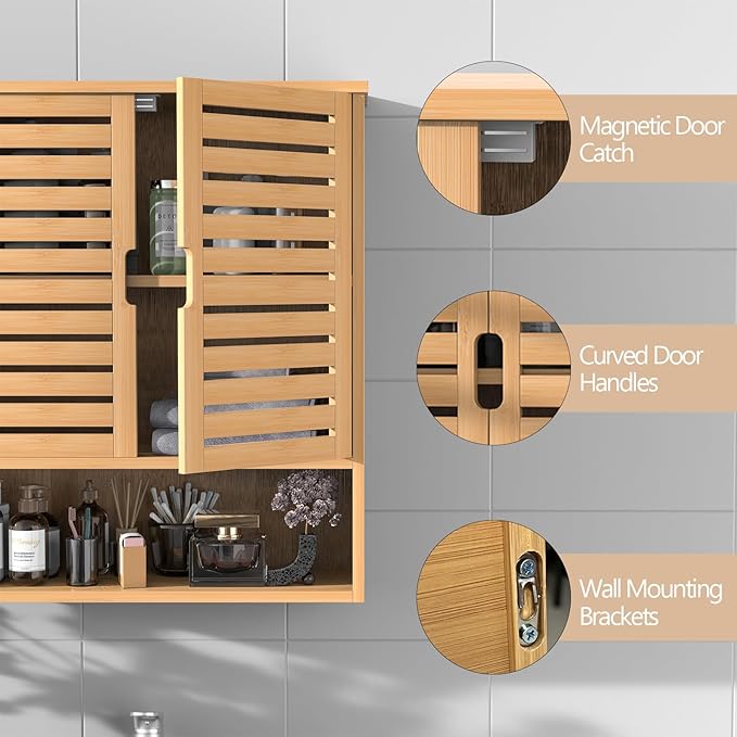Bamboo Bathroom Wall Cabinet, Medicine Cabinet Wall Mounted, Over The Toilet Hanging Cabinet with 2 Doors