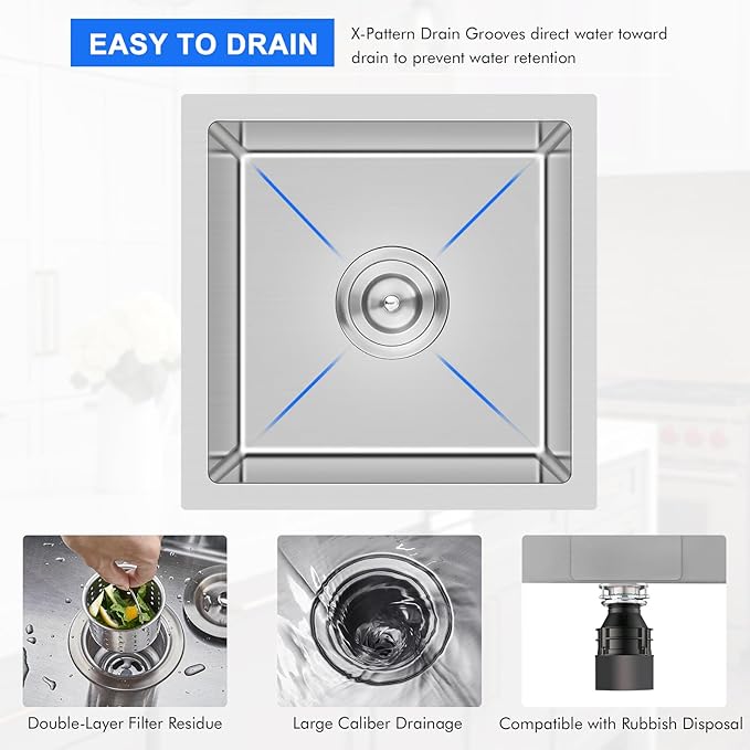 MENATT 15 x 15 Inch Undermount Bar Sink, Single Bowl Handmade Stainless Steel Small Kitchen Bar Sink, 15" x 15" x 8"