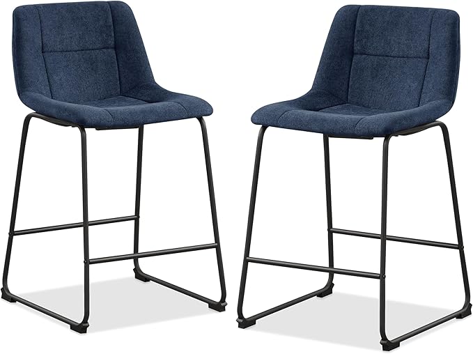 Furniture of America Veradis Modern Bentwood Counter Height Dining Chairs Set of 2, Chenille Fabric Bar Stool with Back and Metal Frame, Upholstered Seating for Kitchen, Living Room, Blue, 35 inch