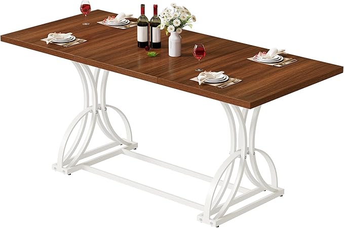 DWVO 70.3" Large Modern Dining Table for 6-8 People, Rectangular Walnut Kitchen Dining Room Table with Thick Tabletop and White Geometric Metal Legs, Farmhouse Wood Dinner Tables