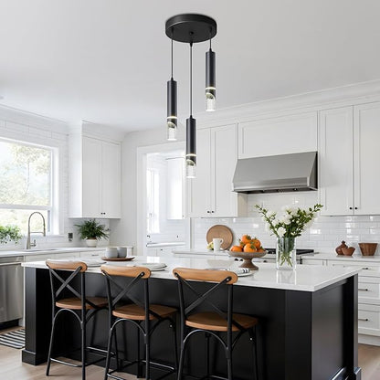 Modern Black Crystal Pendant Ceiling Lamp - 3-Light 36Waht Pendant Light Fixtures - Dimmable Hanging Chandelier Lighting for Dining Room Bedroom - Stylish Kitchen Island Light Fixture