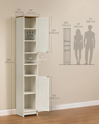 SONGMICS HOME 67-Inch Tall Bathroom Storage Cabinet, Superfast Toolless Assembly, 11.8-Inch Wide Slim Narrow Freestanding Cabinet with Adjustable Shelves, Kitchen Living Room, Rustic White