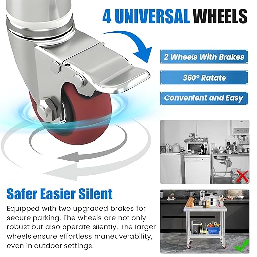 KUARBARR Stainless Steel Table for Prep & Work with 4 Caster Wheels with Backsplash 24 x 30 NSF Metal Commercial Kitchen Adjustable Under Shelf Worktable for Restaurant Home Outdoor