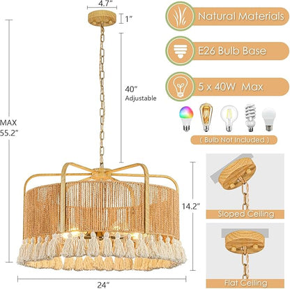 24” Rattan Chandelier, 5-Light Large Hand Woven Boho Chandelier with Fabric Shade, Farmhouse Light Fixtures for Dining Room & Kitchen Island (Brown, 24")
