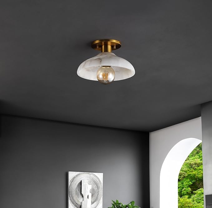 JONATHAN Y 10" White/Brass Gold Modern LED Semi Flush Mount Ceiling Fixture, Alabaster Shade for Hallway Bedroom Foyer, Mid-Century Dimmable Lamp, Edison LED Bulb Included JYL1207A