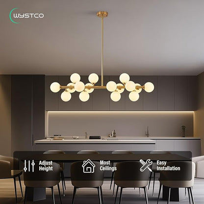 16-Light Globe Sputnik Chandelier, Mid Century Modern Light Fixture Over Table, Brass Gold Linear Chandeliers for Dining Room and Kitchen Island (Milk White Glass Bubble Shades, 40 Inch)