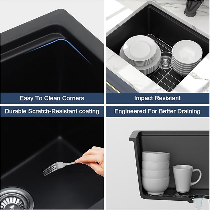 Lordear 21 Inch Granite Composite Bar Sink - 21"x18" Undermount Kitchen Sink Black Single Bowl Under Counter Ledge Workstation Bar Prep RV Basin