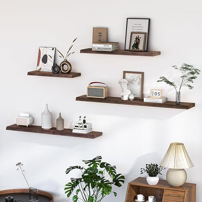 Floating Shelves for Wall, 55"x9.3" Rustic Solid Live-Edge Elm Wood Wall Shelves, Heavy-Duty Floating Shelves with Invisible Brackets, Set of 2 for Living Room, Bedroom, and Kitchen, Walnut Finish