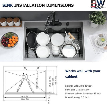 33 x 22 Drop In Kitchen Sink Black Workstation - 16 Gauge Stainless Steel Sinks Handmade 10 Inch Deep Single Bowl Kitchen Sink Top Mount Easy to Clean