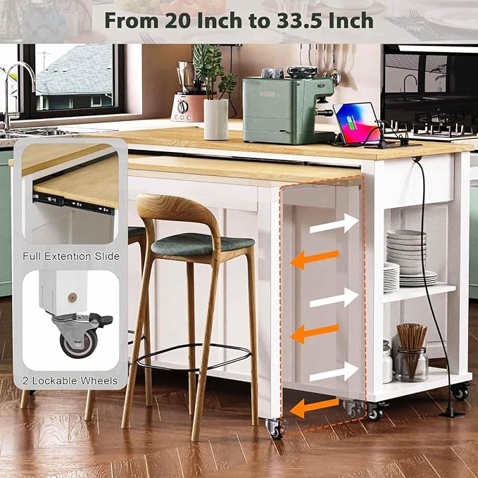 Versatile Kitchen Island Cart with Extendable Dining Table, Ample Storage, Built-in Power Outlet, and Adjustable Shelves - White and Natural Wood