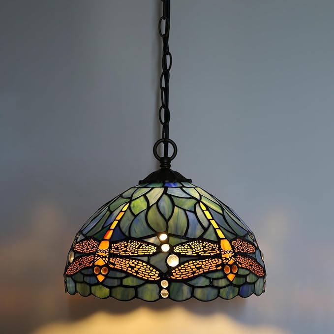 Tiffany Pendant Light Plug-in Stained Glass Hanging Lamp 12”x12”x181” Blue Dragonfly Swag Light Vintage Lamp Decorative Lighting for Dining Room Living Room Kitchen Hallway Bedroom
