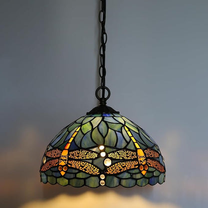 Tiffany Pendant Light Plug-in Stained Glass Hanging Lamp 12”x12”x181” Blue Dragonfly Swag Light Vintage Lamp Decorative Lighting for Dining Room Living Room Kitchen Hallway Bedroom