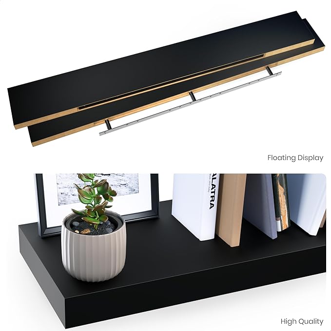 Ballucci Floating Shelves for Wall, 60" Wood Wall Shelf Set of 2, with Invisible Brackets for Bathroom, Living Room, Bedroom, Kitchen, Nursery, 8" Deep, Black