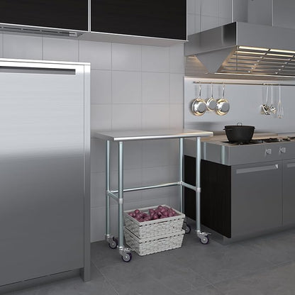 Stainless Steel Work Table Open Base & Wheels | NSF Kitchen Island Food Prep | Laundry Garage Utility Bench (36" Long x 18" Deep)