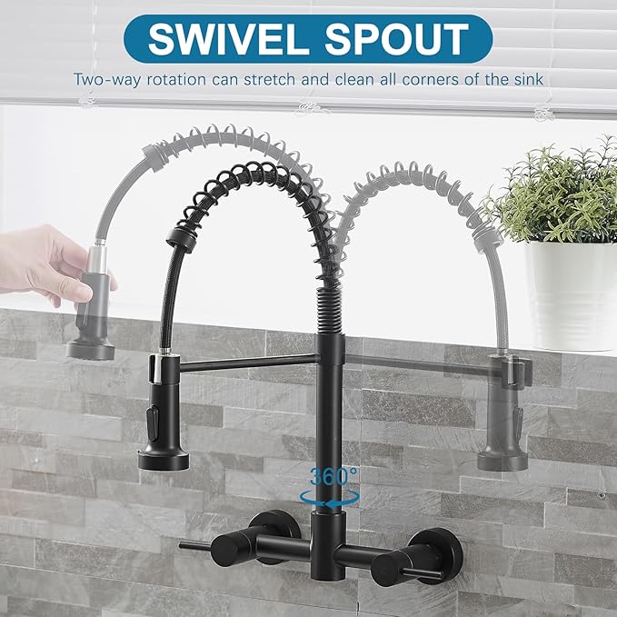 AIMADI Wall Mount Kitchen Faucet,Matte Black Kitchen Sink Faucet with Pull Down Sprayer,8 inch 2 Handle Commercial Faucet for Kitchen Laundry Room Restaurant