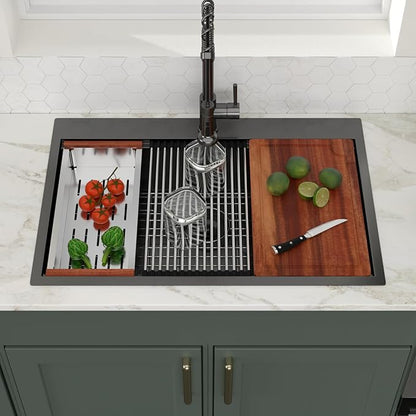 Logmey 30 Inch Drop In Kitchen Sink Workstation 30x19x9 Inch Gunmetal Black Topmount Sinks Stainless Steel 16 Gauge Overmount Kitchen Sink