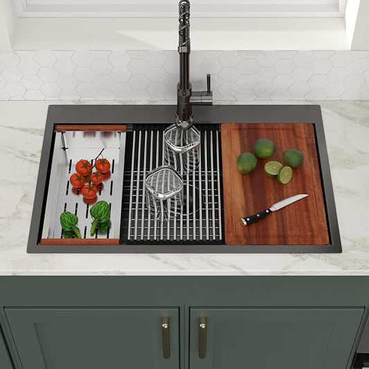 Logmey 30 Inch Drop In Kitchen Sink Workstation 30x19x9 Inch Gunmetal Black Topmount Sinks Stainless Steel 16 Gauge Overmount Kitchen Sink