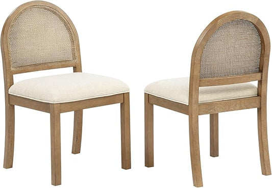 Daxon 36" High Dining Chairs French Country Brown Rattan Cane Back Beige Padded Fabric Seat Brown Solid Wood Frame Kitchen Island Dining Furniture Stationary Side Chair, Set of 2 - Beige/Brown
