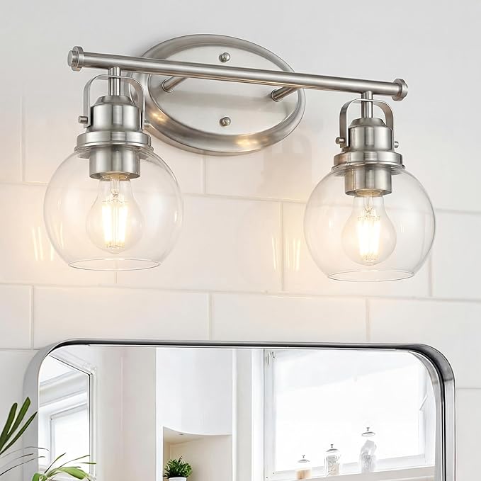 Bathroom Light Fixtures, 2-Light 14" Brushed Nickel Vanity Lights with Clear Globe Glass Shades, Farmhouse Vintage Vanity Lighting Fixtures Over Mirror, E26 Base, AD-2147-2W-SN