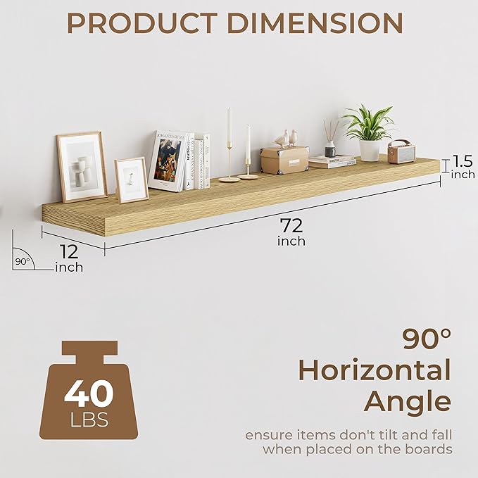 RICHFOCUS Deep Floating Shelves for Wall 2 Pack 12" D 36 Inch Wall Shelves for Room Wall|Wood Hanging Shelf with Invisible Brackets for Bathroom Bedroom Kitchen Laundry Room, Oak