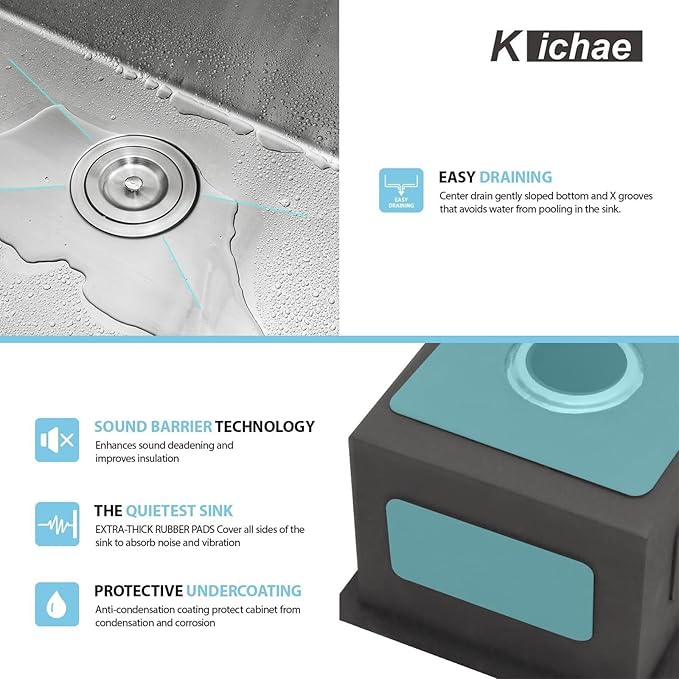 Kichae 13"x 15" Undermount Bar Sink Stainless Steel Single Bowl RV Outdoor Sink Basin Round Corner 16 Gauge Handmade
