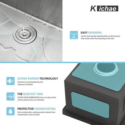 Kichae 13"x 15" Undermount Bar Sink Stainless Steel Single Bowl RV Outdoor Sink Basin Round Corner 16 Gauge Handmade