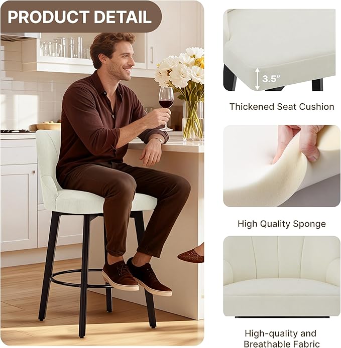 24" Counter Height Bar Stools Set of 2, Swivel Bar Stools with Backs, Fabric Upholstered Counter Barstools with Solid Wood Legs for Kitchen Island,Ivory