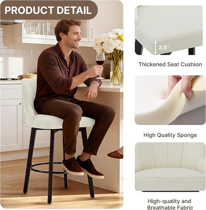 24" Counter Height Bar Stools Set of 2, Swivel Bar Stools with Backs, Fabric Upholstered Counter Barstools with Solid Wood Legs for Kitchen Island,Ivory