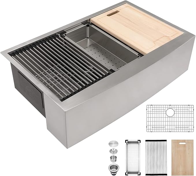 Kichae 36 Inch Farmhouse Kitchen Sink Ledge Workstation Apron Front Farmer Sink Stainless Steel Single Bowl Handmade Modern Farm Style with Accessories