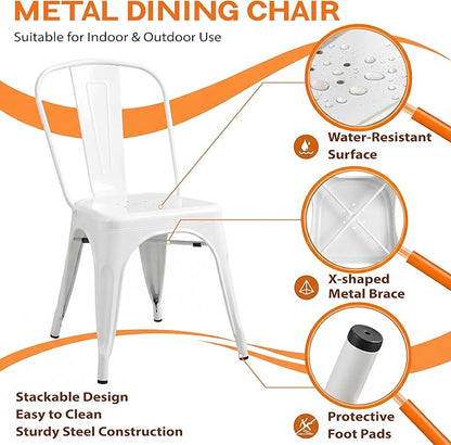 Shahoo Metal Dining Chairs Classic Iron Stackable Industrial Vintage Trattoria with Back, Indoor-Outdoor Side Settee for Home Bistro Cafe Kitchen Restaurant Set of 4, White