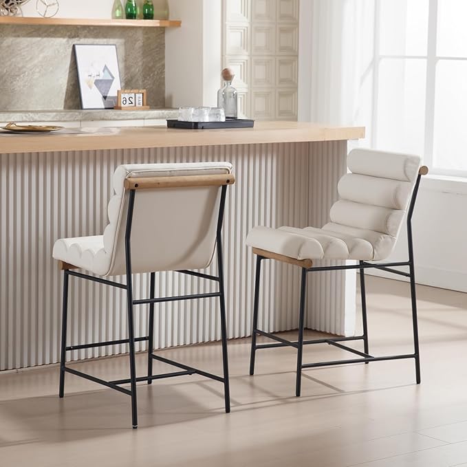 Modern Upholstered Pu Leather Bar stools Set of 2, 25” Kitchen Island Counter stools with Black Metal Legs Armless Counter Height Chairs with Channel Tufted Back for Home Pub