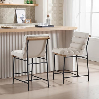 Modern Upholstered Pu Leather Bar stools Set of 2, 25” Kitchen Island Counter stools with Black Metal Legs Armless Counter Height Chairs with Channel Tufted Back for Home Pub