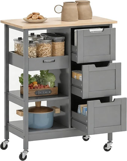 DWVO Solid Wood Top Rolling Kitchen Island Cart, 3 Tier Mobile Kitchen Storage Island Cart with 3 Drawers and 3 Opening Storage Shelves for Kitchen & Dining Area, Gray