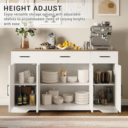 Modern Buffet Sideboard Kitchen Storage Cabinet With 3 Drawers, 55" Large Farmhouse Buffet Cabinet With Shelves and Doors, Wood Coffee Bar for Living Room Dining Room Hallway (White Wood Color)