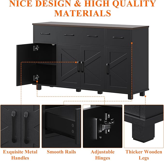 VVFLU 55" Sideboard Buffet Cabinet with Storage, Coffee Bar Cabinet with 3 Drawers and 4 Barn Doors, Long Storage Cabinet Modern Farmhouse, Black Wood, for Kitchen, Dining Room, Living Room