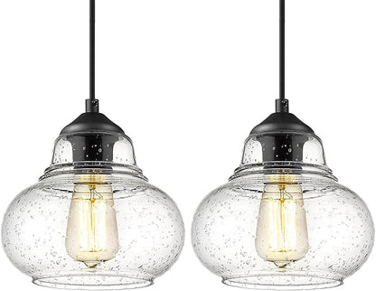 ELYONA 2 Pack Bubble Glass Pendant Light 8 inch Industrial Kitchen Hanging Pendant Light Fxitures Modern Hand Blown Seeded Glass for Farmhouse Dining Room Bar Bedroom Living Room Black