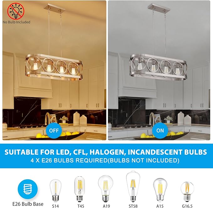 XINGQI Kitchen Island Chandelier for Dining Room Modern Farmhouse Brushed Nickel Rectangle Pendant Lighting Fixture Vintage Linear Hanging 4-Light Rustic Living Room Lights