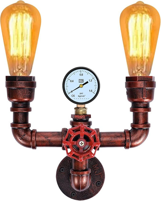 XEYOU Retro Wall lamp Vintage Industrial Steampunk Wall Sconce 2 Lights Metal Water Pipe Wall Mounted Light Fixture E26 Edison Bulb for Cafe Bar Restaurant Bedroom Livingroom