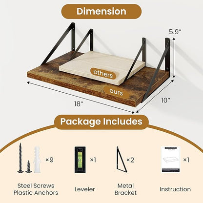 Floating Shelves for Wall,18" Wall Mounted Shelves Set of 2,Wood Floating Shelf with Bracket,Sturdy Metal Bracket Bookshelves Home Decor Storage for Living Room,Bedroom,Bathroom,Kitchen,Rustic Brown