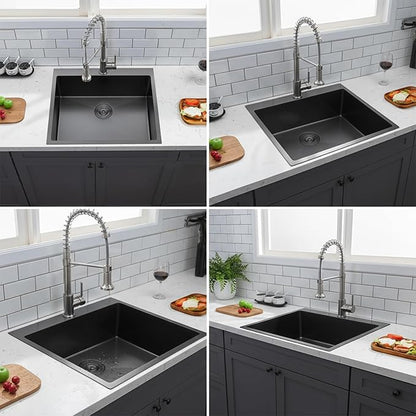 IKEBANA 25 Inch Black Drop In Kitchen Sink, 25 x 22 Inch 16 Gauge Single Bowl Stainless Steel Handmade Topmount Black Sink RV Bar Laundry Sinks